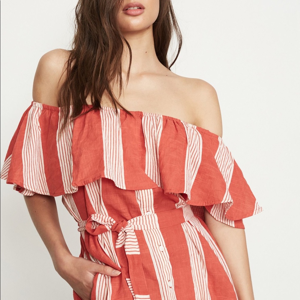 Faithfull the Brand Red Pinstriped Amalfi Off Shoulder Dress - Picture 3 of 6